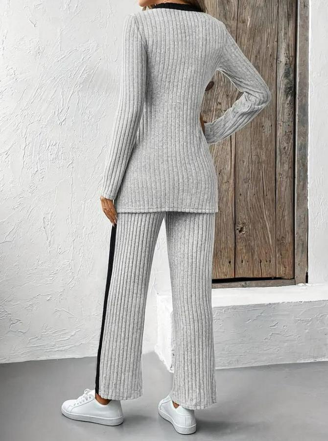 Uzun Kollu V Yakalı Çapraz Detaylı Şardonlu Kaşkorse Bluz Ve Pantolon Ikili Takım