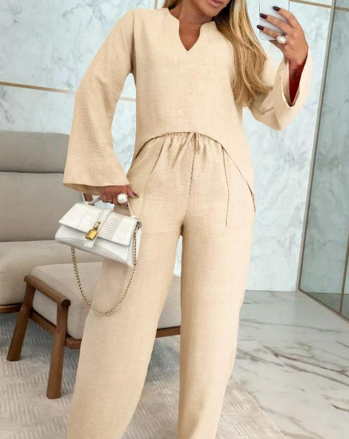 Uzun Kollu V Yakalı Keten Bluz Bağcıklı Pantolon Ikili Takım