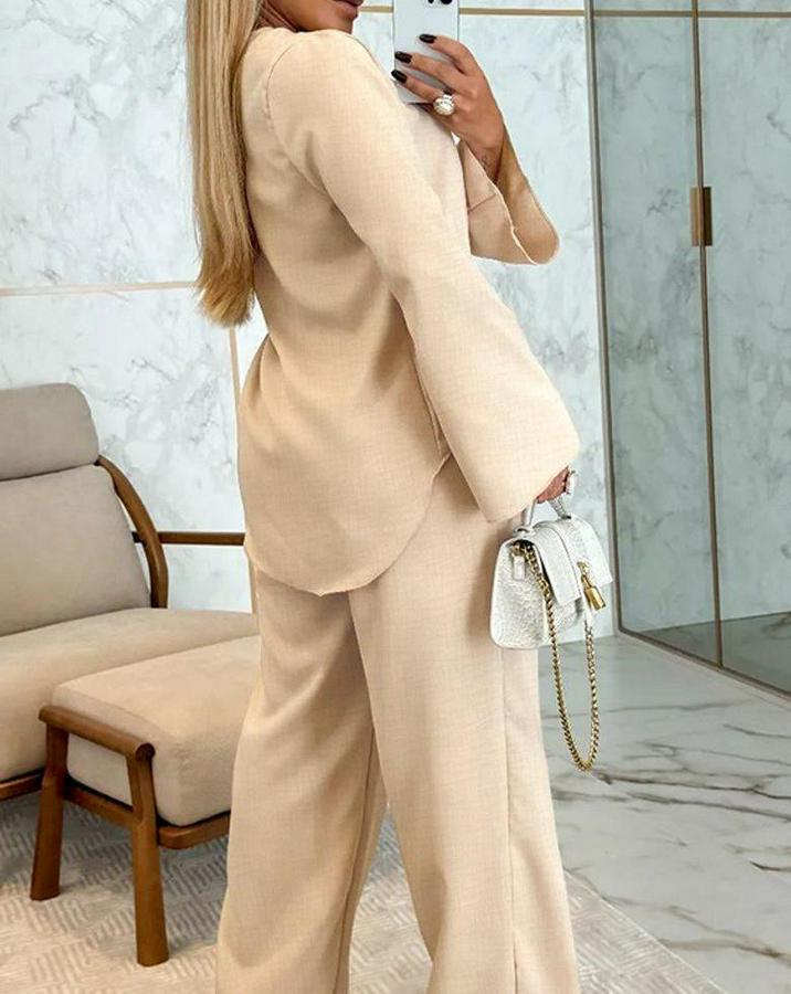 Uzun Kollu V Yakalı Keten Bluz Bağcıklı Pantolon Ikili Takım