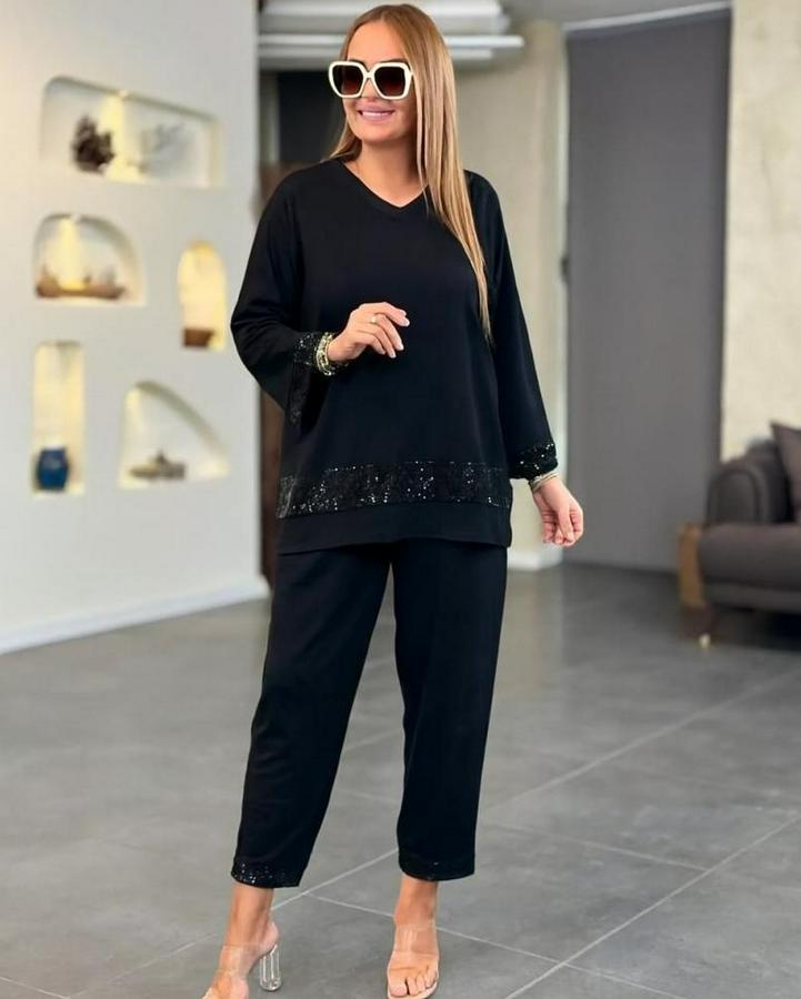 Uzun Kollu V Yakalı Pulpayet Viskon Iki Iplik Bluz Ve Pantolon Takım