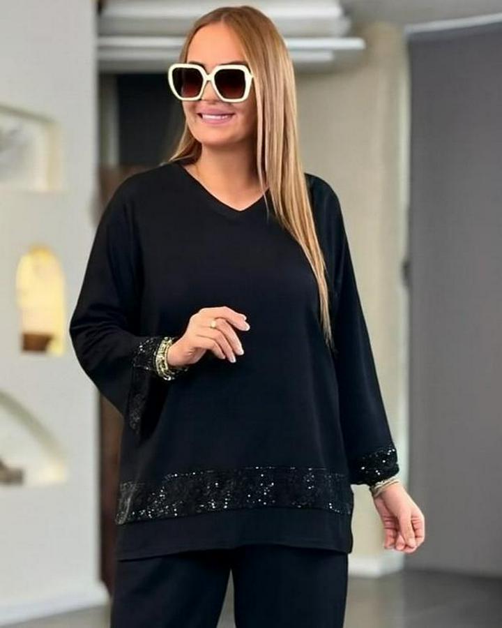 Uzun Kollu V Yakalı Pulpayet Viskon Iki Iplik Bluz Ve Pantolon Takım