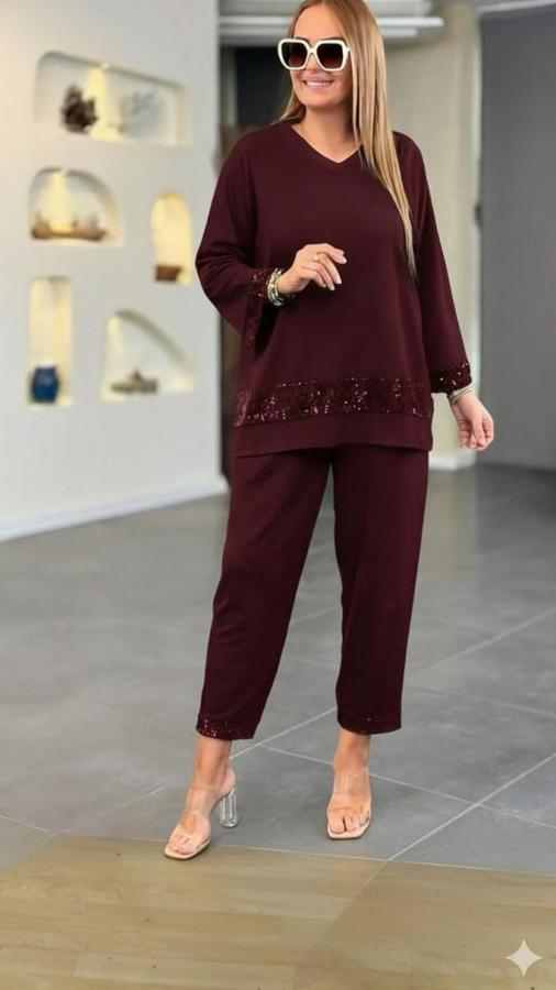 Uzun Kollu V Yakalı Pulpayet Viskon Iki Iplik Bluz Ve Pantolon Takım