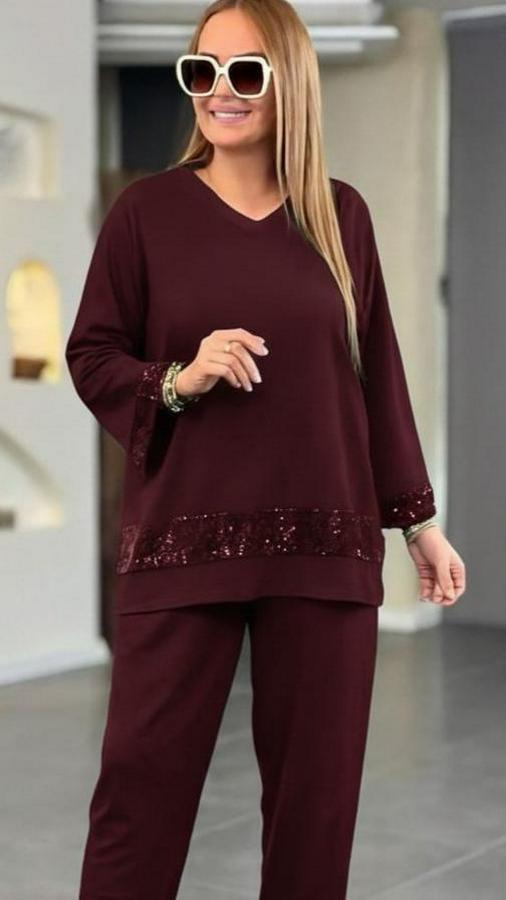 Uzun Kollu V Yakalı Pulpayet Viskon Iki Iplik Bluz Ve Pantolon Takım