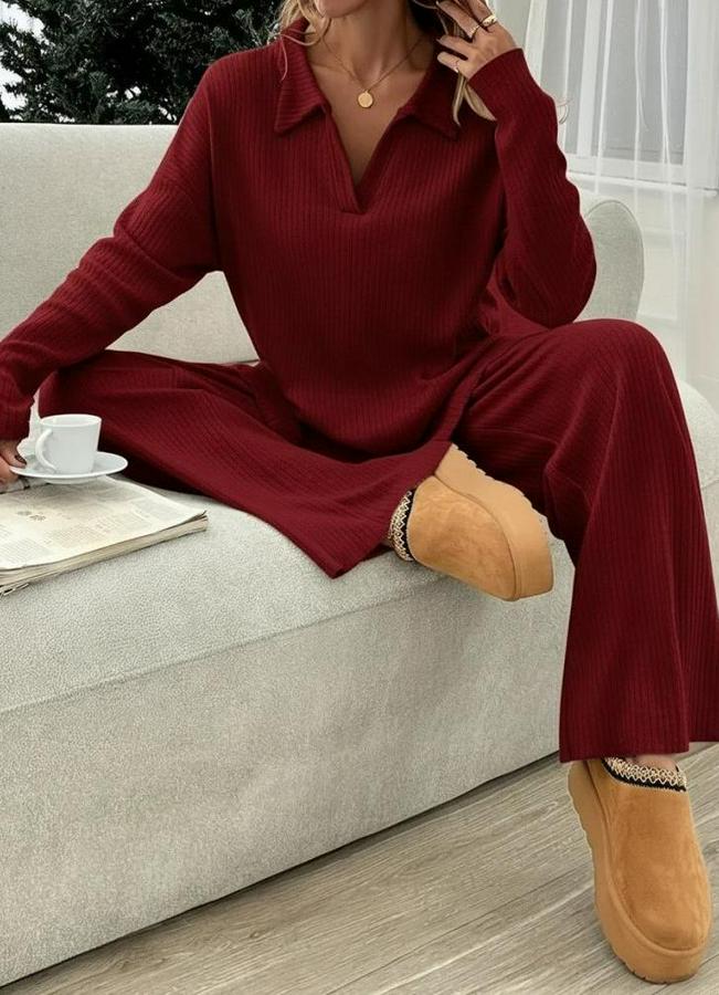 Uzun Kollu V Yakalı Şardonlu Kaşkorse Bluz Ve Pantolon Ikili Takım