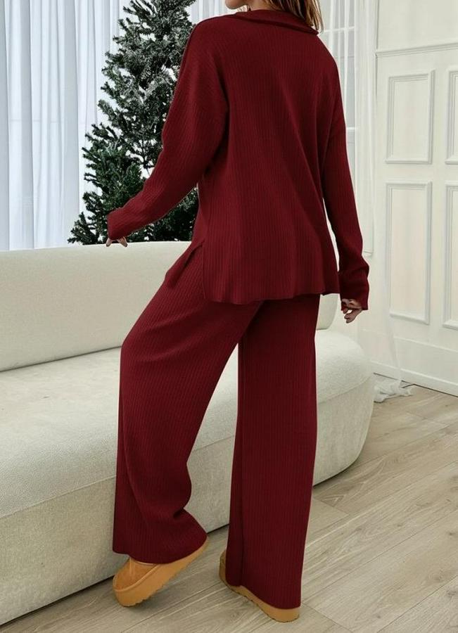 Uzun Kollu V Yakalı Şardonlu Kaşkorse Bluz Ve Pantolon Ikili Takım