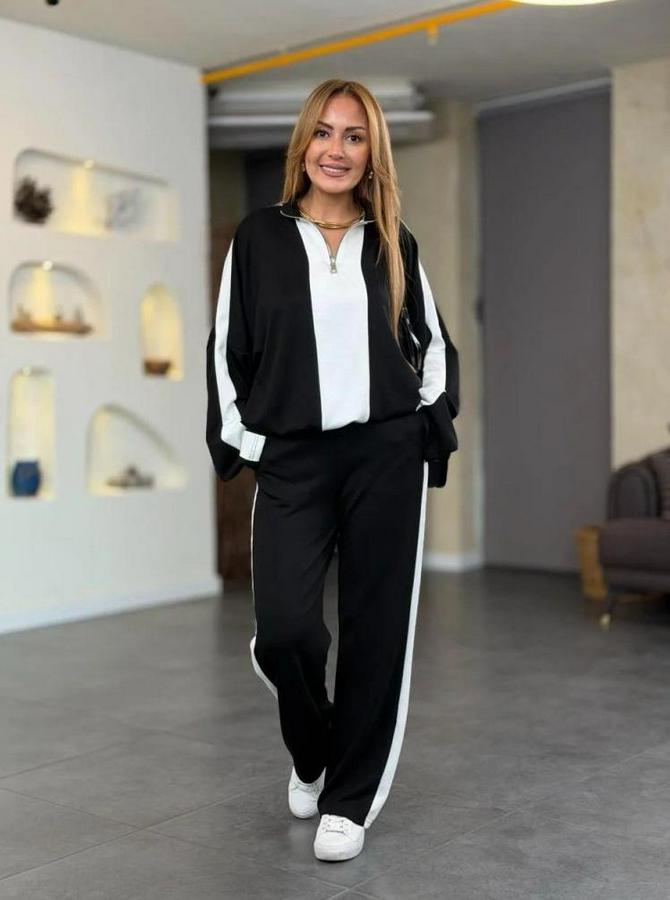 Uzun Kollu Yakadan Fermuarlı Viskon Iki Iplik Bluz Ve Pantolon Ikili Takım