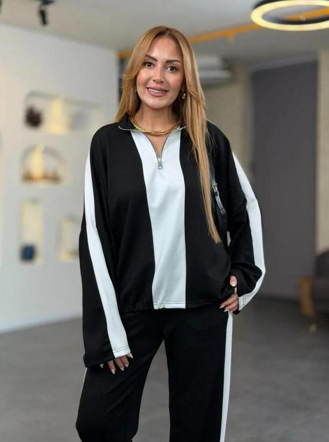 Uzun Kollu Yakadan Fermuarlı Viskon Iki Iplik Bluz Ve Pantolon Ikili Takım