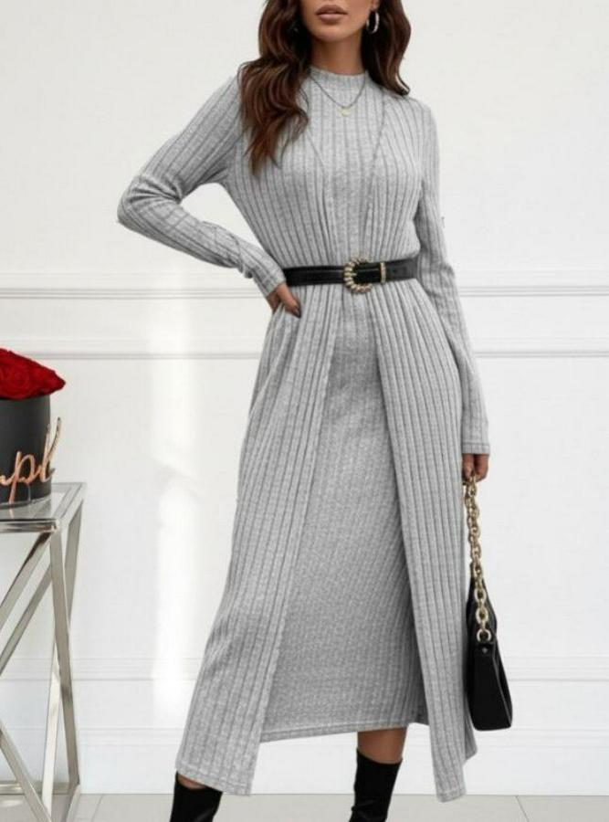 Uzun Kollu Yarı Balıkçı Yaka Şardonlu Kaşkorse Elbise Ve Uzun Hırka Ikili Takım