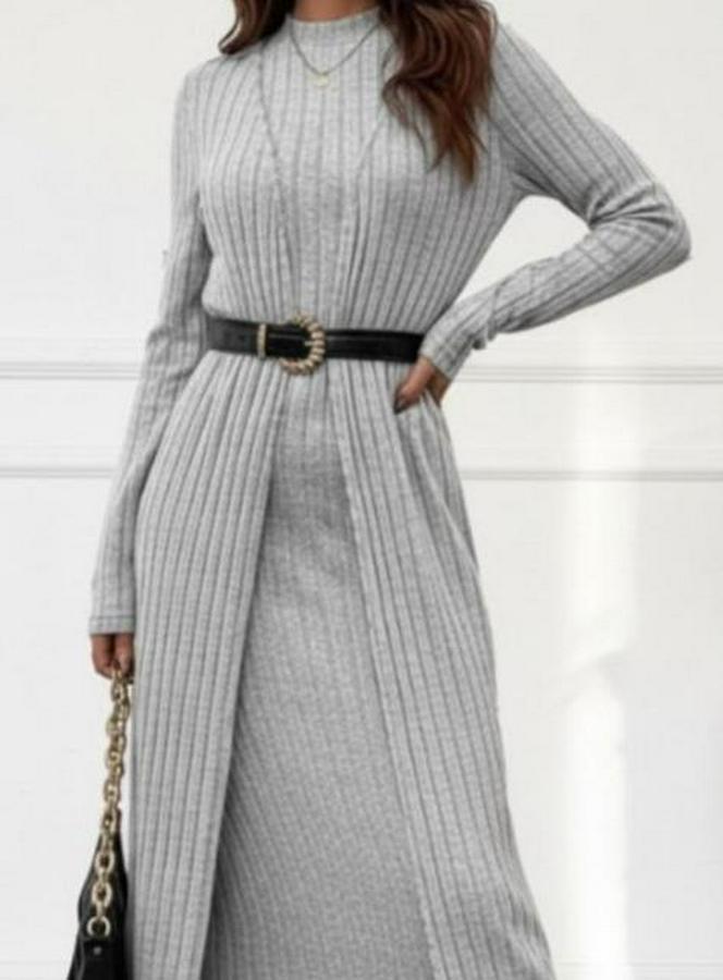 Uzun Kollu Yarı Balıkçı Yaka Şardonlu Kaşkorse Elbise Ve Uzun Hırka Ikili Takım