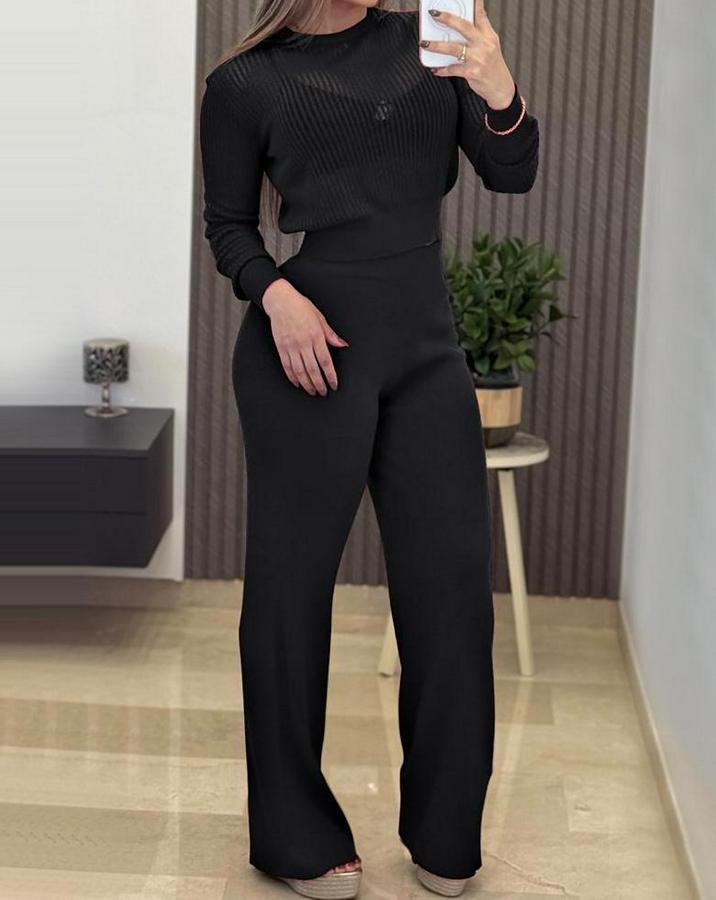 Uzun Kollu Yuvarlak Yaka Transparan Detaylı Triko Bluz Ve Pantolon Ikili Takım