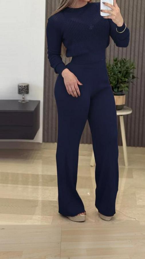 Uzun Kollu Yuvarlak Yaka Transparan Detaylı Triko Bluz Ve Pantolon Ikili Takım