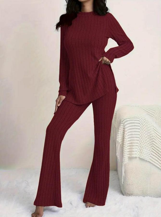 Uzun Kollu Yuvarlak Yaka Yandan Yırtmaç Detaylı Şardonlu Kaşkorse Bluz Ve Pantolon Ikili Takım
