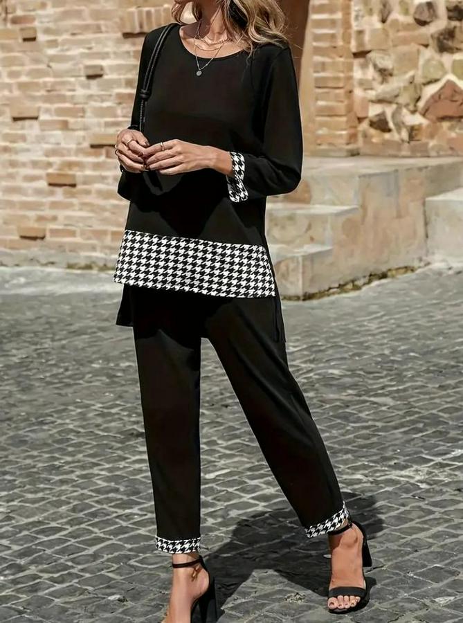 Uzun Kollu Yuvarlak Yakalı Kaz Ayağı Detaylı Viskon Iki Iplik Bluz Ve Pantolon Ikili Takım