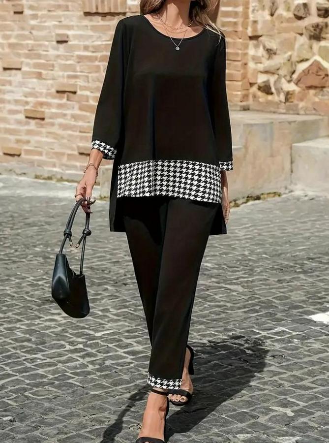 Uzun Kollu Yuvarlak Yakalı Kaz Ayağı Detaylı Viskon Iki Iplik Bluz Ve Pantolon Ikili Takım