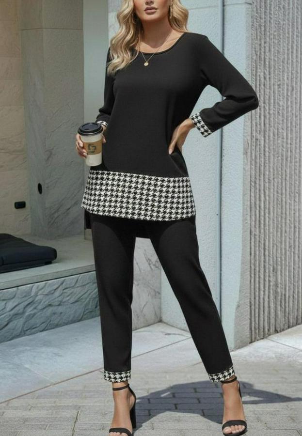 Uzun Kollu Yuvarlak Yakalı Kaz Ayağı Detaylı Viskon Iki Iplik Bluz Ve Pantolon Ikili Takım