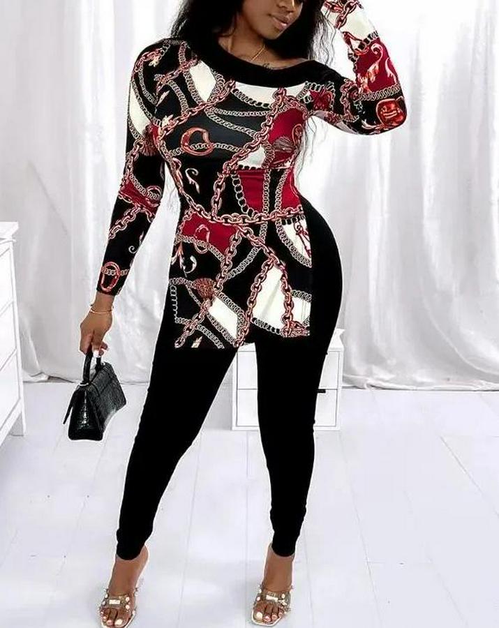 Uzun Kollu Zincir Desen Tek Omuz Düşük Mikro Bluz