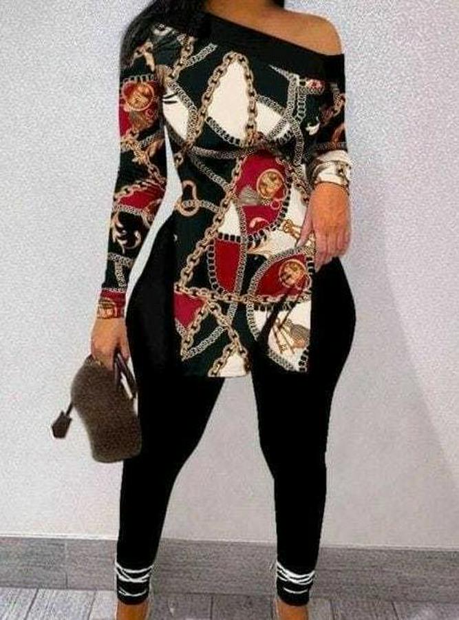 Uzun Kollu Zincir Desen Tek Omuz Düşük Mikro Bluz