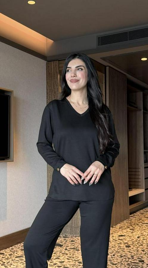 V Yaka Bluz Ve Pantolon Ikili Takım