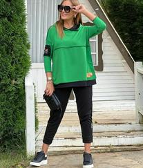 Yeşil Kapşonlu Etek Ucu Detay Arma Ters Dikiş Gorunumlu Ikili Takım