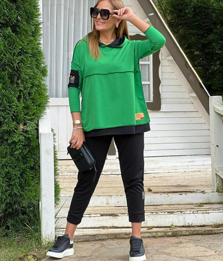 Yeşil Kapşonlu Etek Ucu Detay Arma Ters Dikiş Gorunumlu Ikili Takım