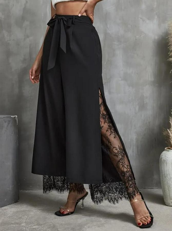 Yüksek Bel Belden Kuşaklı Üst Dalgıç Alt Dantel Detaylı Dalgıç Pantolon