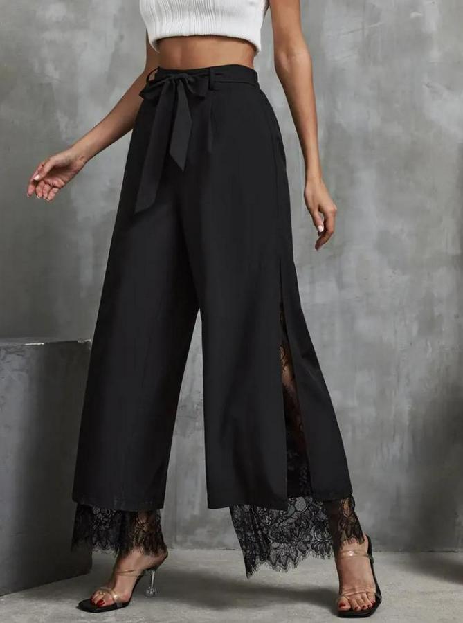 Yüksek Bel Belden Kuşaklı Üst Dalgıç Alt Dantel Detaylı Dalgıç Pantolon