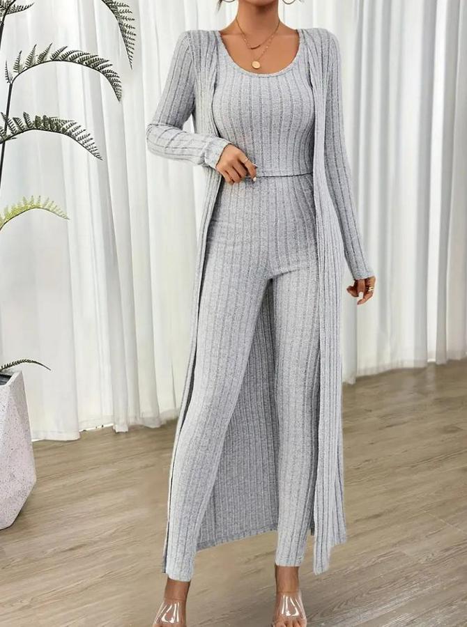 Yuvarlak Yaka Askılı Krop Bluz Yüksek Bel Tayt Ve Uzun Hırka Şardonlu Kaşkorse Üçlü Takım