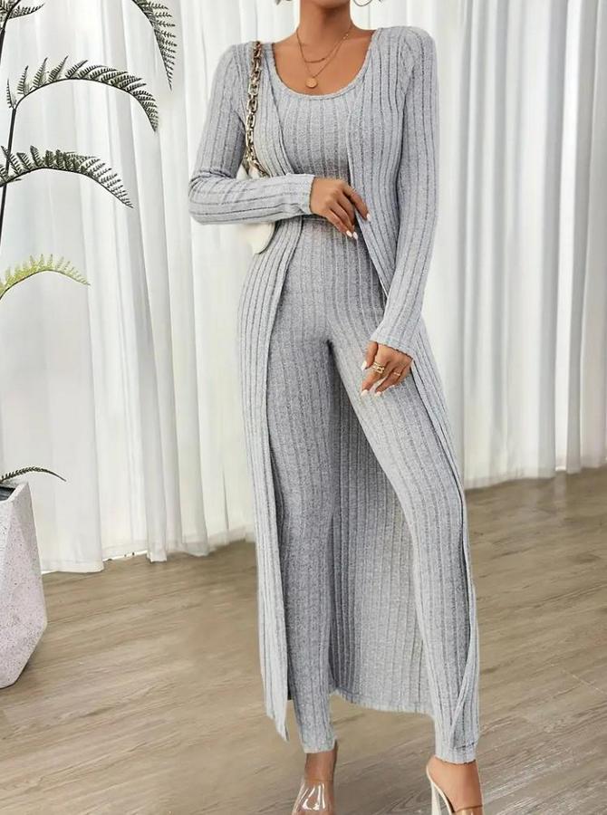 Yuvarlak Yaka Askılı Krop Bluz Yüksek Bel Tayt Ve Uzun Hırka Şardonlu Kaşkorse Üçlü Takım