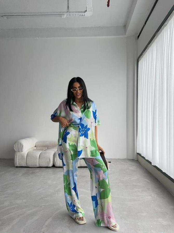 Yeşil Büyük Çiçek Desen Saten Gömlek-Pantolon Takim