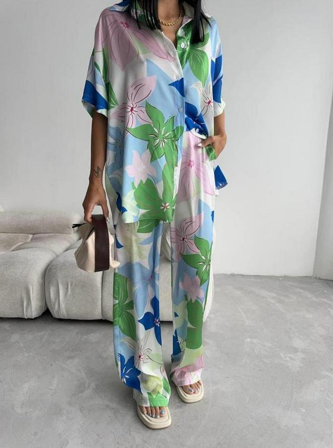 Yeşil Büyük Çiçek Desen Saten Gömlek-Pantolon Takim