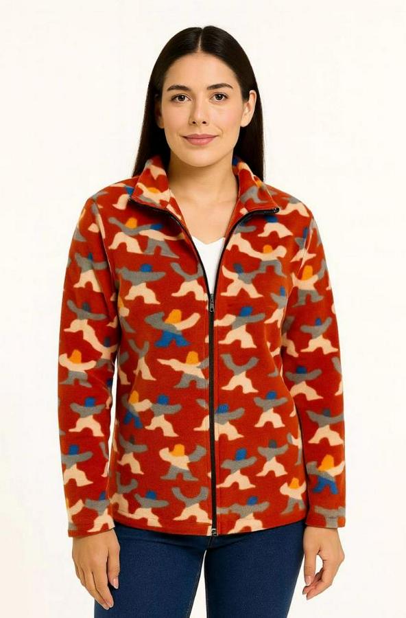 Tam Fermuarlı Desenli Polar Sweat – Siyah Multicolor Figür Desen Yakalı, Uzun Kollu, Oversize Rahat Kalıp