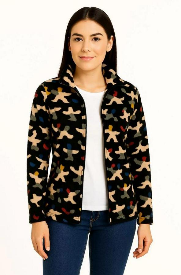 Tam Fermuarlı Desenli Polar Sweat – Siyah Multicolor Figür Desen Yakalı, Uzun Kollu, Oversize Rahat Kalıp