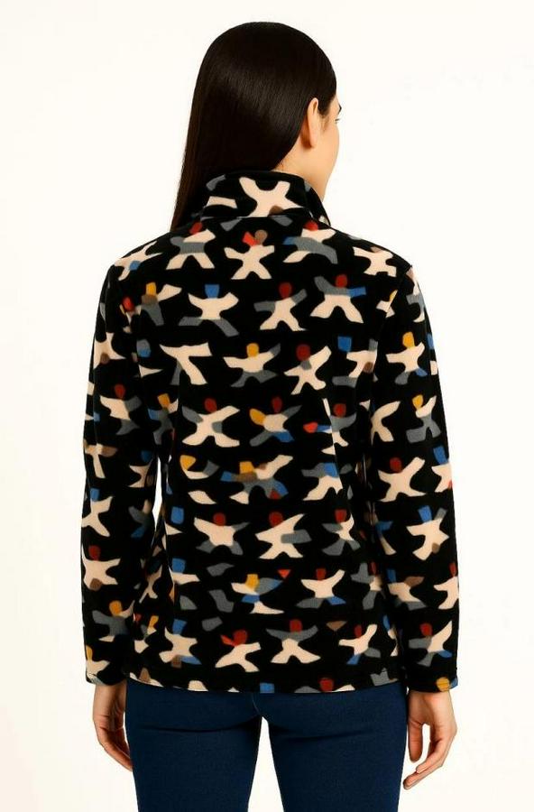 Tam Fermuarlı Desenli Polar Sweat – Siyah Multicolor Figür Desen Yakalı, Uzun Kollu, Oversize Rahat Kalıp