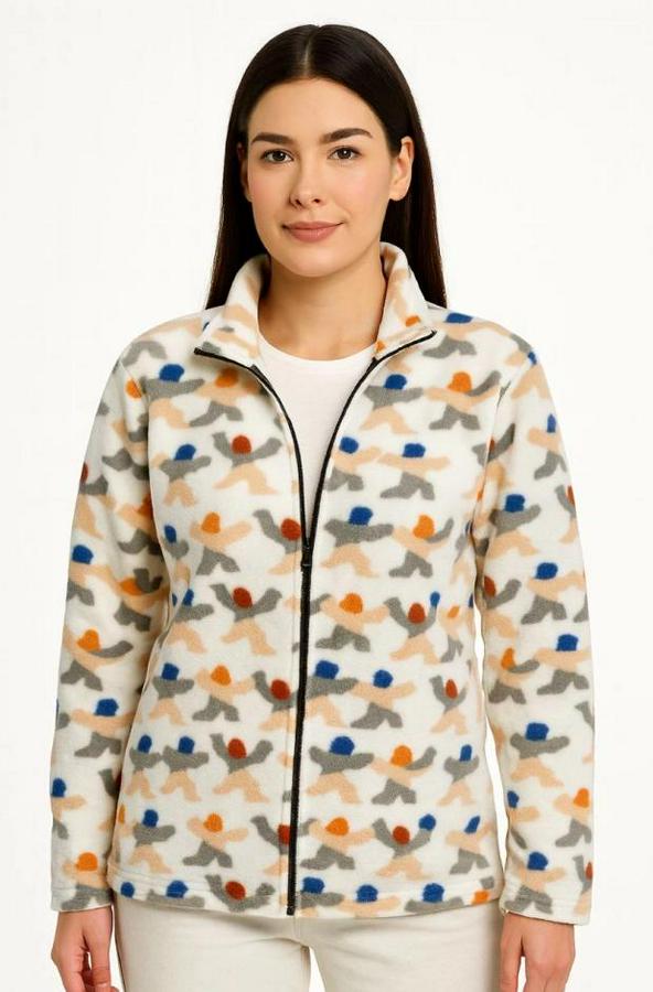 Tam Fermuarlı Desenli Polar Sweat – Siyah Multicolor Figür Desen Yakalı, Uzun Kollu, Oversize Rahat Kalıp