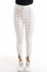 Beyaz Taş Işlemeli Deri Tayt