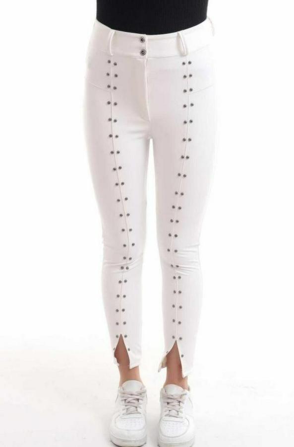 Beyaz Taş Işlemeli Deri Tayt