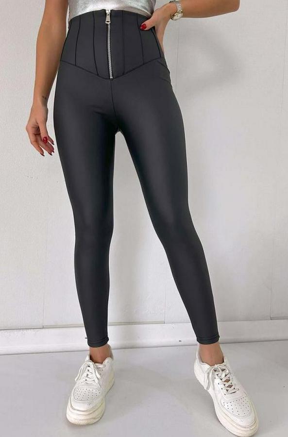 Geniş Fermuarlı Toparlayıcı Yüksek Bel Içi Şardonlu Deri Tayt