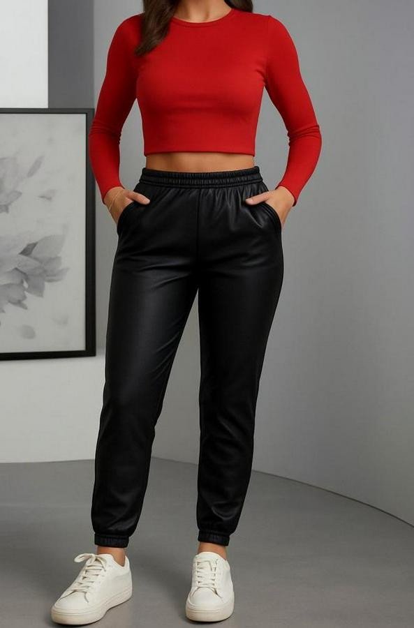 Paçası Lastikli Cep Detaylı Deri Tayt