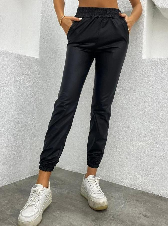 Paçası Lastikli Cep Detaylı Deri Tayt Pantolon