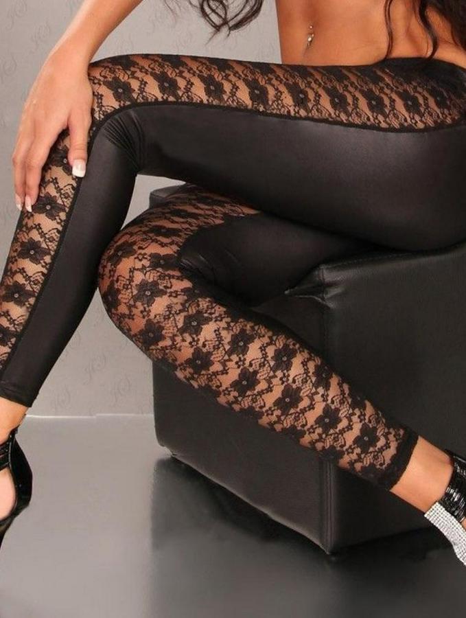 Yüksek Bel Dantel Detaylı Deri Tayt