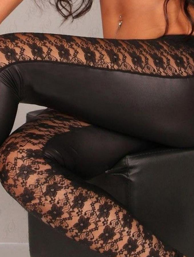 Yüksek Bel Dantel Detaylı Deri Tayt