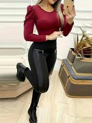 Yüksek Bel Deri Detaylı Fermuarlı Dalgıç Tayt