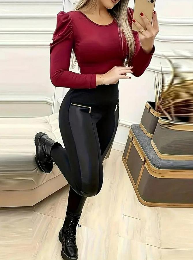 Yüksek Bel Deri Detaylı Fermuarlı Dalgıç Tayt