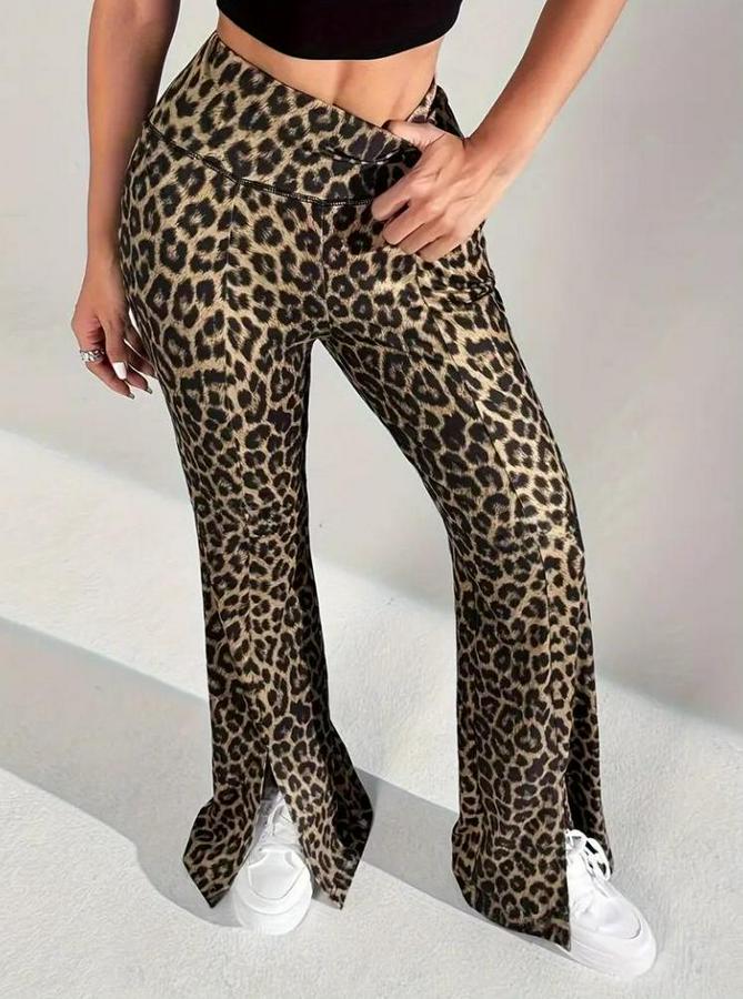 Yüksek Bel Leopar Desenli Yırtmaçlı Dalgıç Tayt