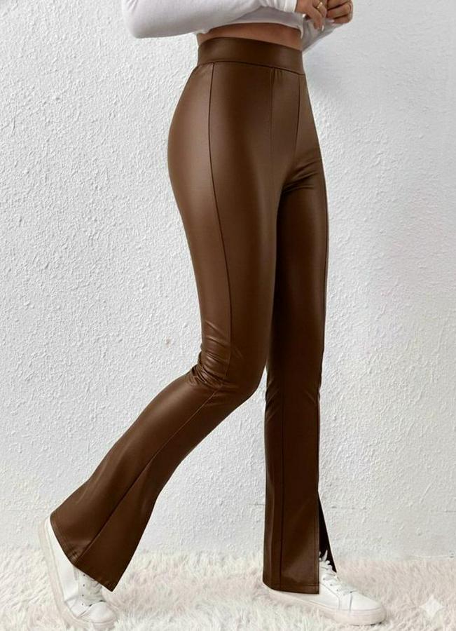 Yüksek Bel Önden Yırtmaçlı Deri Tayt