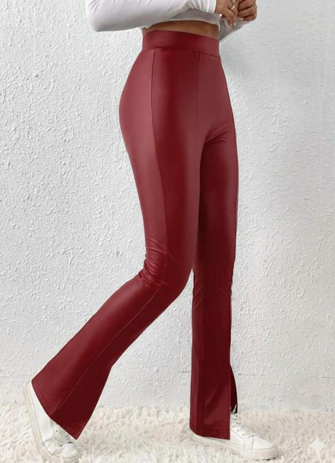 Yüksek Bel Önden Yırtmaçlı Deri Tayt