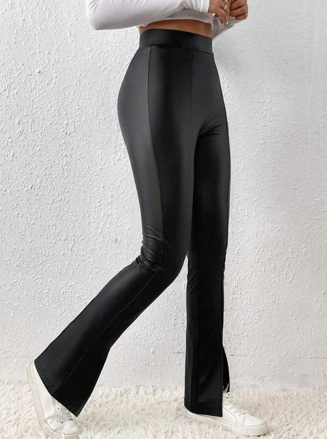 Yüksek Bel Önden Yırtmaçlı Deri Tayt