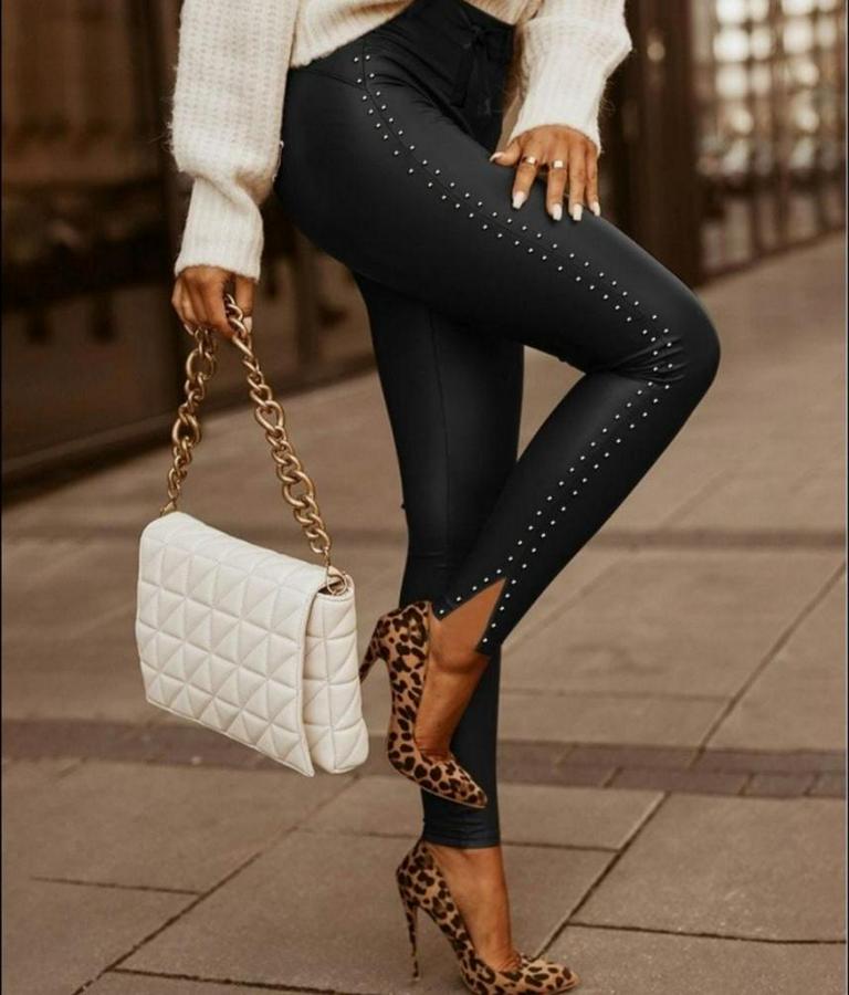 Yüksek Bel Yanlardan Incili Yırtmaçlı Uzun Deri Tayt