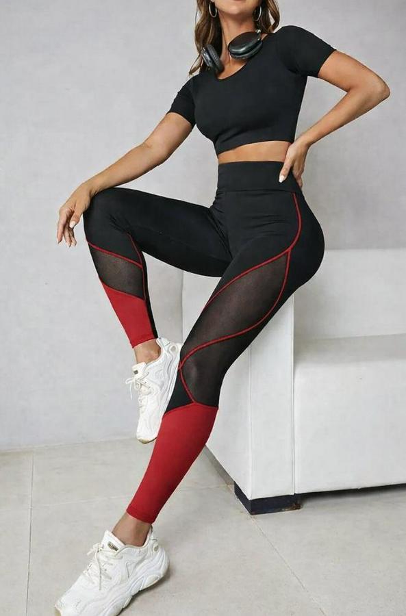 Yüksek Bel Yanlardan Tül Detaylı Çift Renkli Spor Dalgıç Tayt