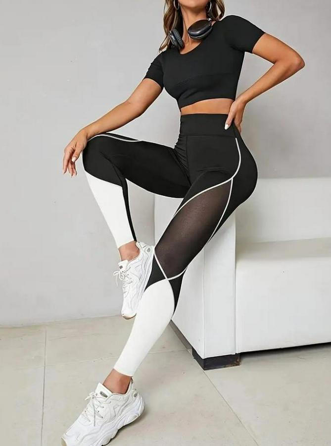 Yüksek Bel Yanlardan Tül Detaylı Çift Renkli Spor Dalgıç Tayt